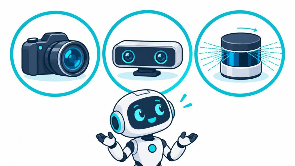 カメラ、2つのレンズが並んだ深度カメラ、光を放つLiDARの3つのアイコンを、小さなロボットが見比べているイラスト。ロボットの目の種類を表した図
