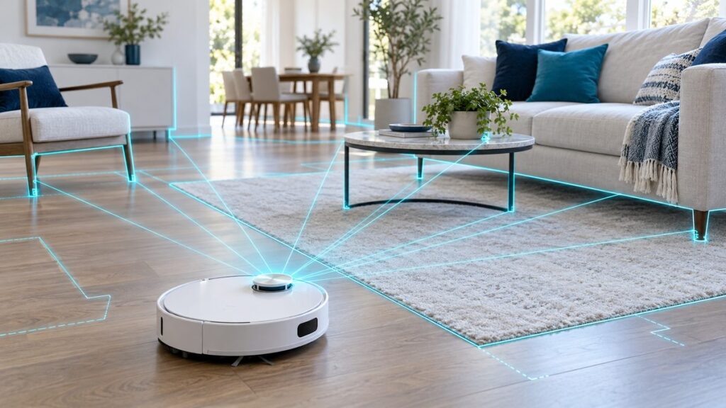 ロボット掃除機の上の出っぱりから光の線が部屋中に広がり、部屋の形をなぞっている様子。LiDARで距離を測るしくみを表した図