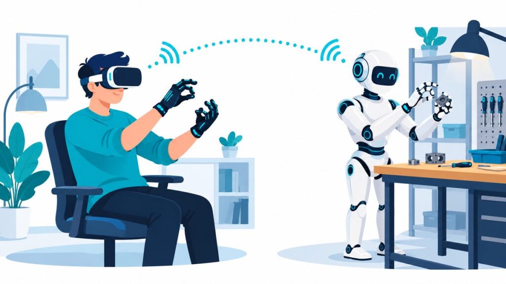 ゴーグルと手袋をつけた人と、離れた場所で同じポーズをとる白いロボットが電波の線でつながっているイラスト。アバターロボットのしくみを表した図