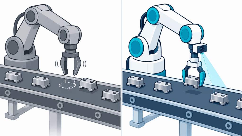 左はズレた部品をつかめない昔のロボットアーム、右はカメラで見てズレた部品をつかめるフィジカルAIのロボットアーム。その場で考えて動けるかどうかの違いを表したイラスト