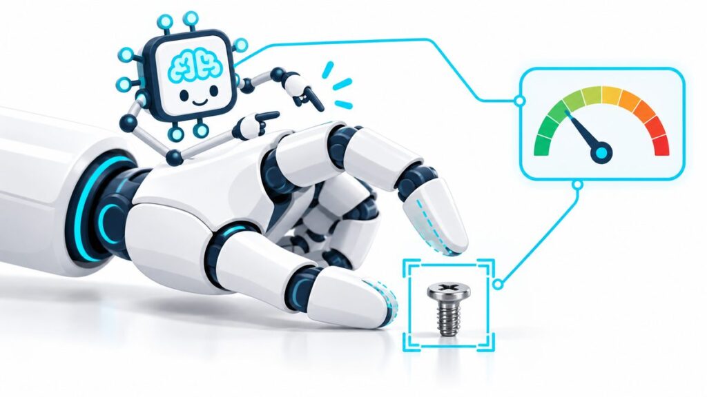 ロボットの手のまわりで、AIが物を見分けてにぎる力を調整している様子のイラスト。遠隔操作をAIが手伝うしくみを表した図