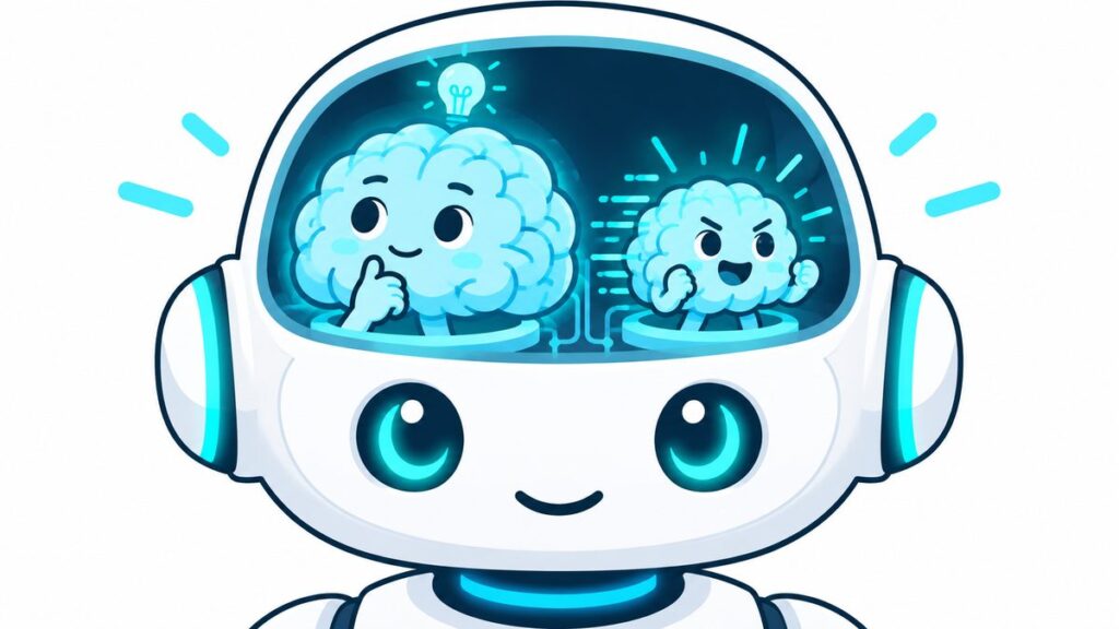 ロボットの頭の中に、ゆっくり考える脳とすばやく動かす脳の2つが入っているイラスト