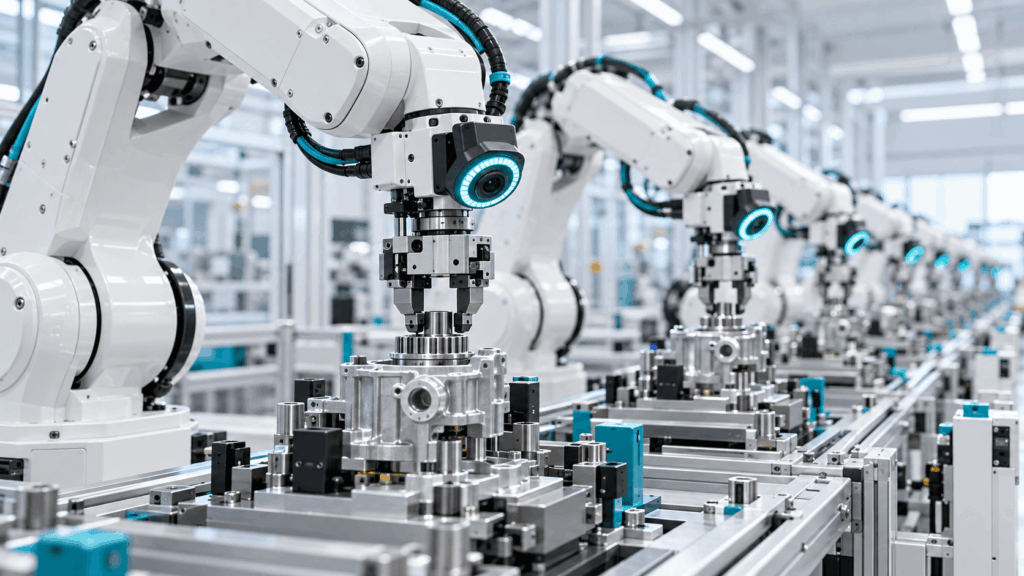 明るい工場のラインで、カメラ付きの白いロボットアームが並んで部品を組み立てている様子