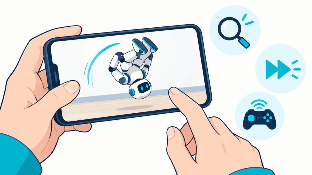 スマホでロボットの動画を見る手元と、虫めがね・早送り・コントローラーのアイコン。ロボット動画を見るときに確かめたいポイントを表したイラスト