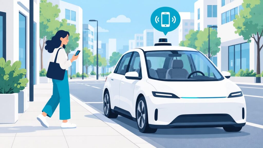 運転席が空いた白いタクシーを、歩道の人がスマホで呼んでいるイラスト。東京で計画されている運転手のいないタクシーを表した図