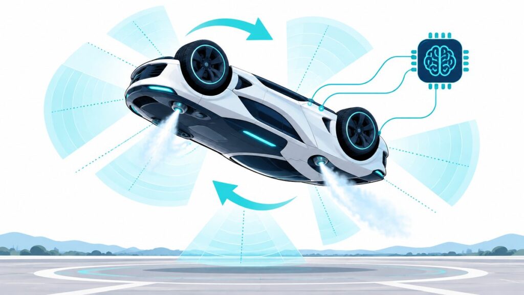 宙返りするスポーツカーのまわりに、センサーの線や傾きの矢印、AIのアイコンが浮かんでいるイラスト。車が自分で姿勢を整えるしくみを表した図