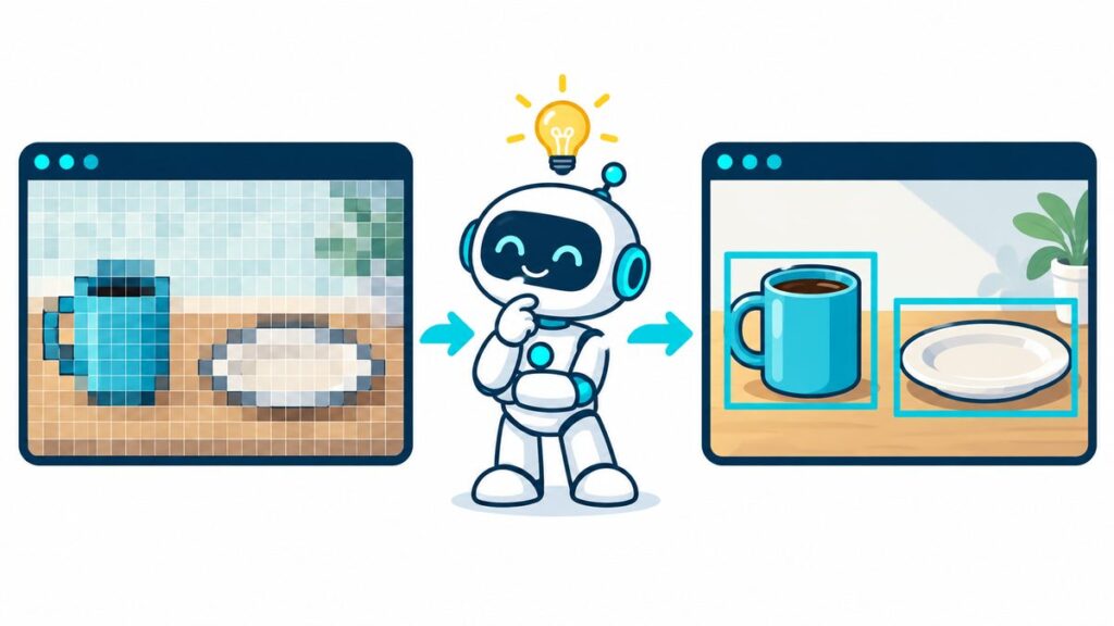 色の点の集まりの画面から、ロボットが考えて、マグカップとお皿を枠で見分けた画面へと変わるイラスト。カメラの映像をAIが理解するしくみを表した図