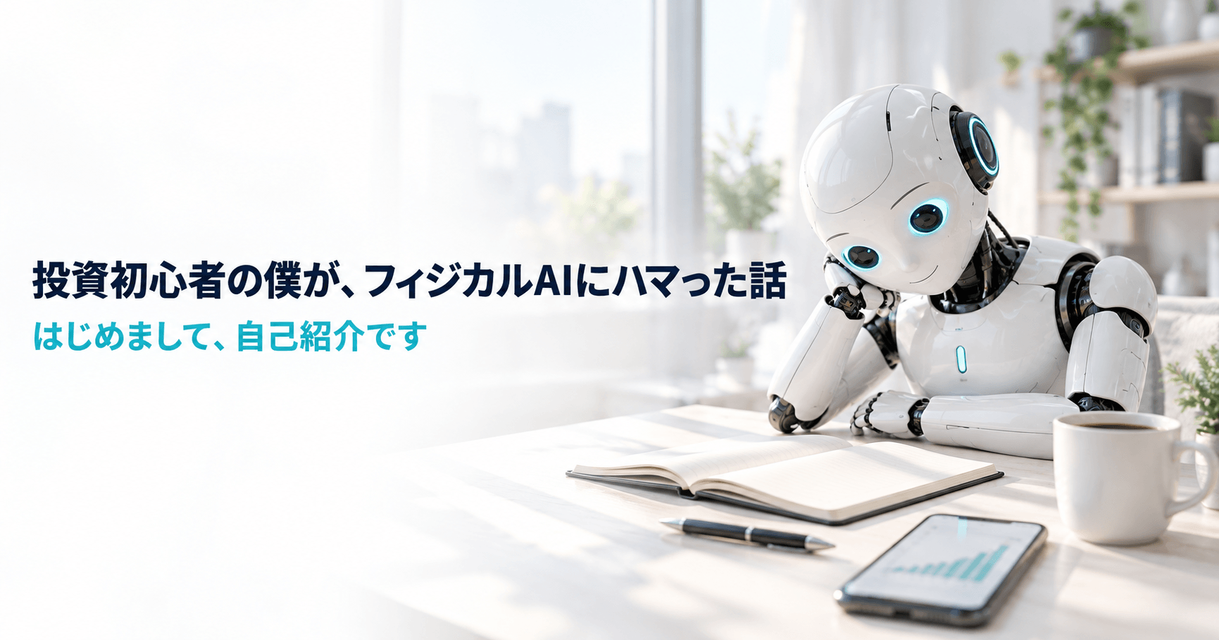 ノートとスマホが置かれたデスクを、小さなロボットがのぞき込んでいる様子。「投資初心者の僕が、フィジカルAIにハマった話 はじめまして、自己紹介です」の文字入り