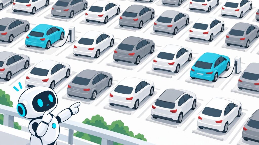たくさんの車が並ぶ駐車場に、充電中の電気自動車が少しだけまじっていて、小さなロボットがその数を数えているイラスト。日本のEVの少なさを表した図