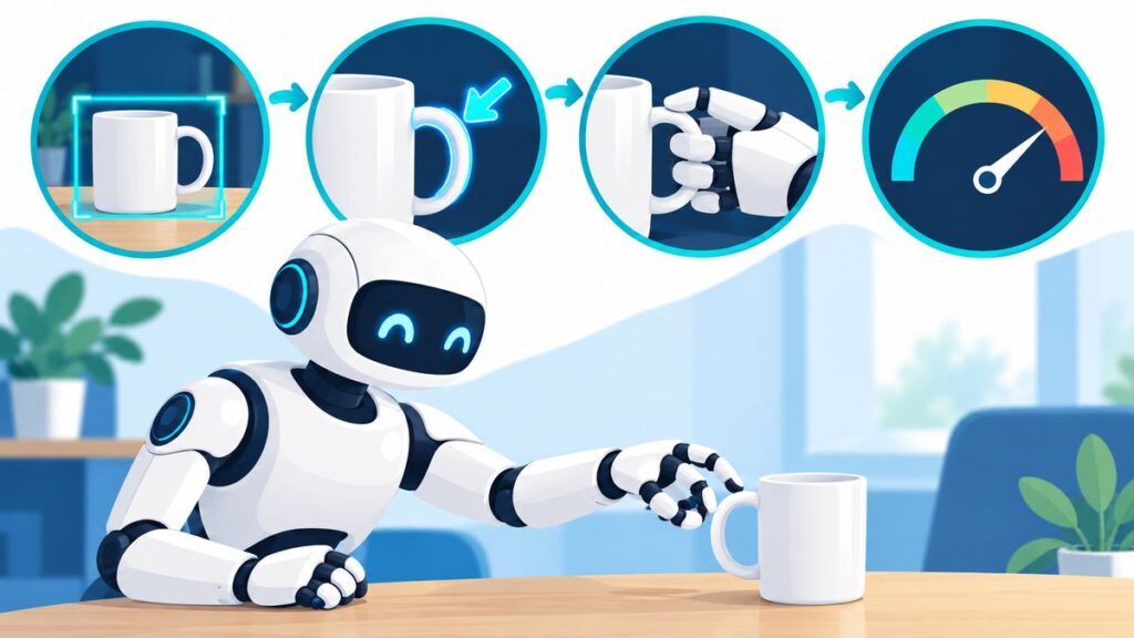 マグカップに手をのばすロボットのまわりに、見分ける・取っ手を探す・つかむ・力を調整するの4つのアイコンが並んだイラスト。ロボットの頭脳がやることを表した図