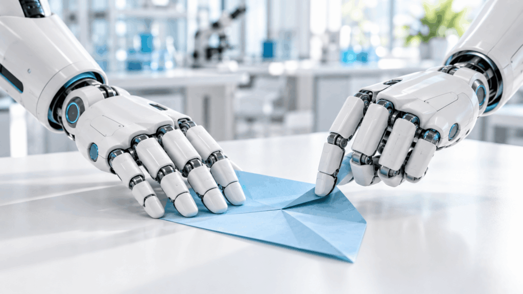2本のロボットアームが折り紙を丁寧に折っている様子。言葉を理解するAIがロボットの細かい動きを動かし始めていることを表したイメージ