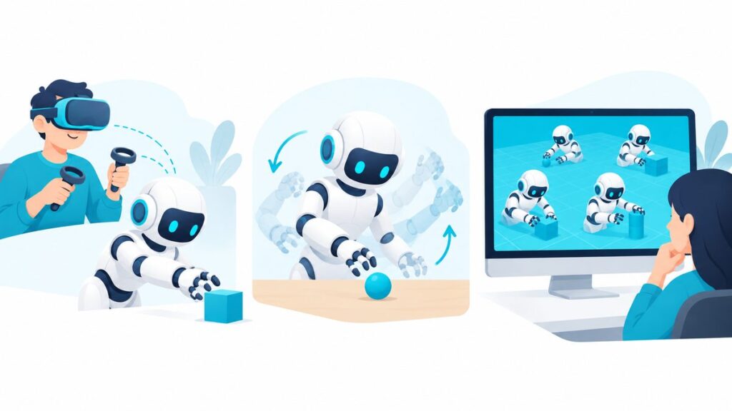 VRで人が遠隔操作する、ロボットが自分で試す、画面の中で練習する、という3つのお手本の集め方を描いたイラスト