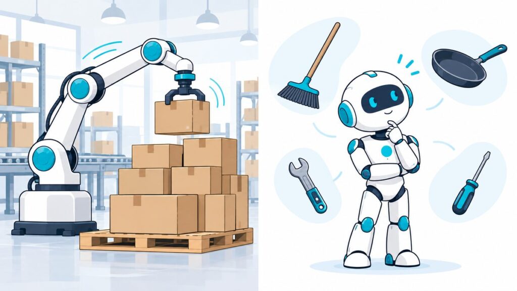 倉庫で段ボール箱を手早く積むロボットアームと、いろいろな道具に囲まれて考える人型ロボットのイラスト。ひとつの仕事に特化したロボットと、何でもできるを目指すロボットのちがいを表した図