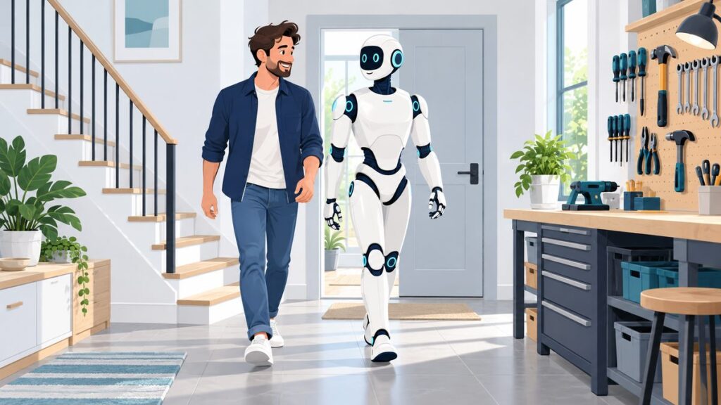 人間サイズの階段やドアや作業台がある部屋を、人と人型ロボットが並んで歩くイラスト。人型ロボットが選ばれる理由を表した図