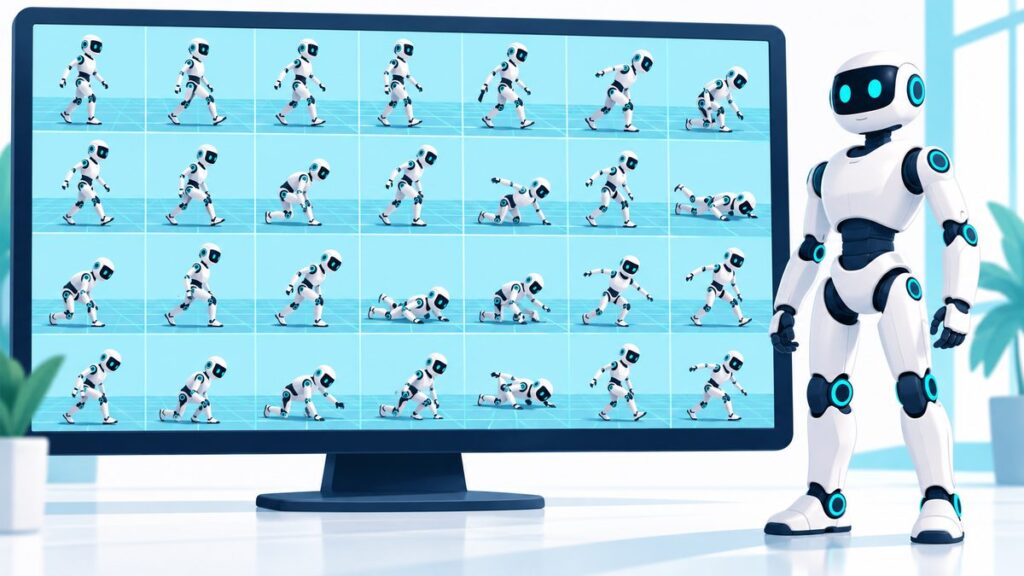 画面の中でたくさんのロボットが歩く練習をしていて、その横に本物のロボットが立っているイラスト