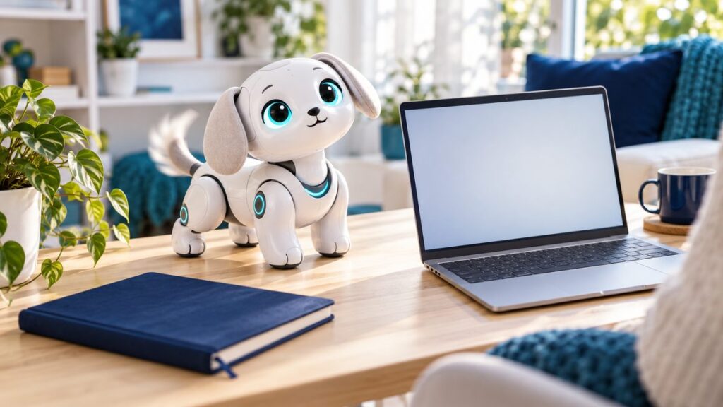 ノートパソコンの横で、小さな白いロボットがしっぽをふっている様子。作業する人のそばにいる小さな相棒ロボットを表した写真風の画像