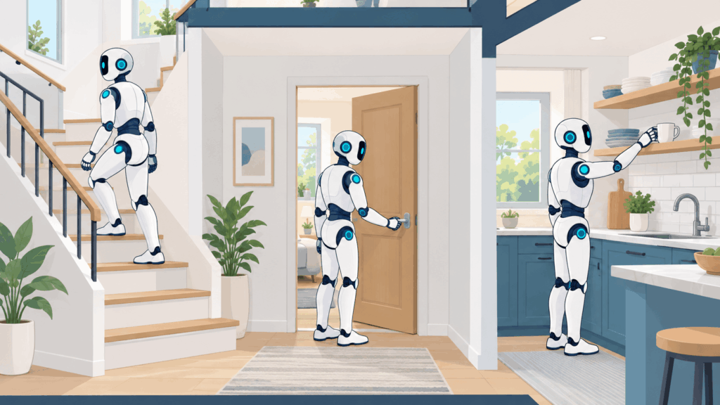 人型ロボットが階段をのぼり、ドアを開け、棚のコップに手を伸ばすイラスト。人に合わせて作られた空間にそのまま入れることを表した図