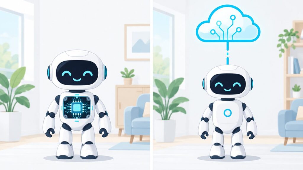 体の中にチップを積んだロボットと、クラウドにつながったロボットを並べて比べたイラスト