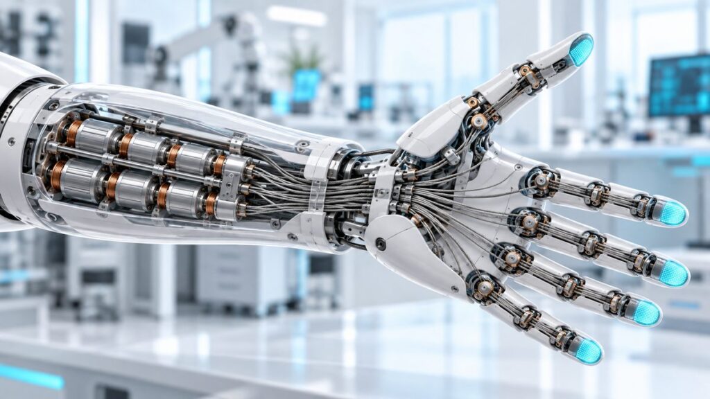 白いロボットの前腕の中のモーターから、ワイヤーが指先までのびている様子。モーターを前腕に入れた多指ハンドを表した写真風の画像