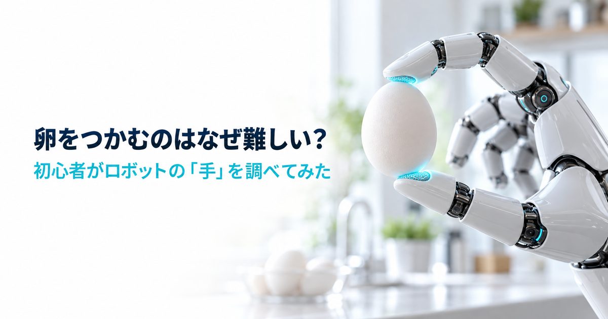 白い人型ロボットの手が、卵を指先でそっとつまんでいる様子。「卵をつかむのはなぜ難しい？ 初心者がロボットの「手」を調べてみた」の文字入り