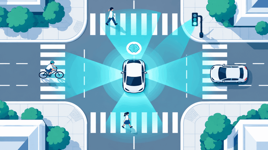 交差点で、自動運転車がセンサーで歩行者や自転車、信号を見ているイラスト。見て考えて動くフィジカルAIとしての自動運転を表した図