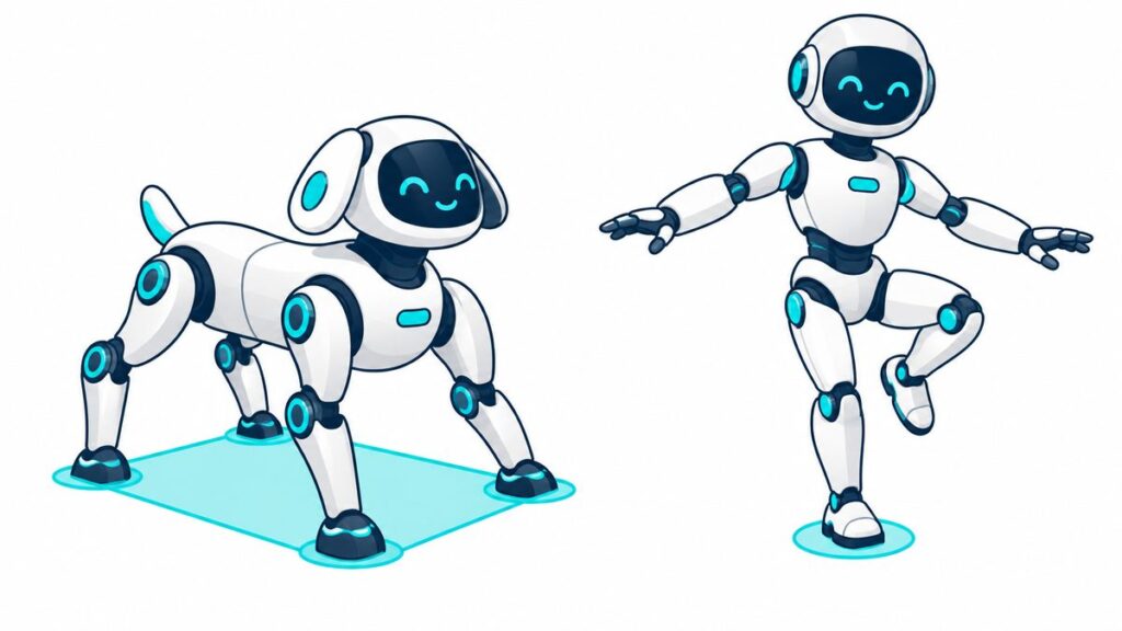 4本足で立つ犬型ロボットと、片足で立つ人型ロボットを比べたイラスト。足元の支える面の広さのちがいを表した図