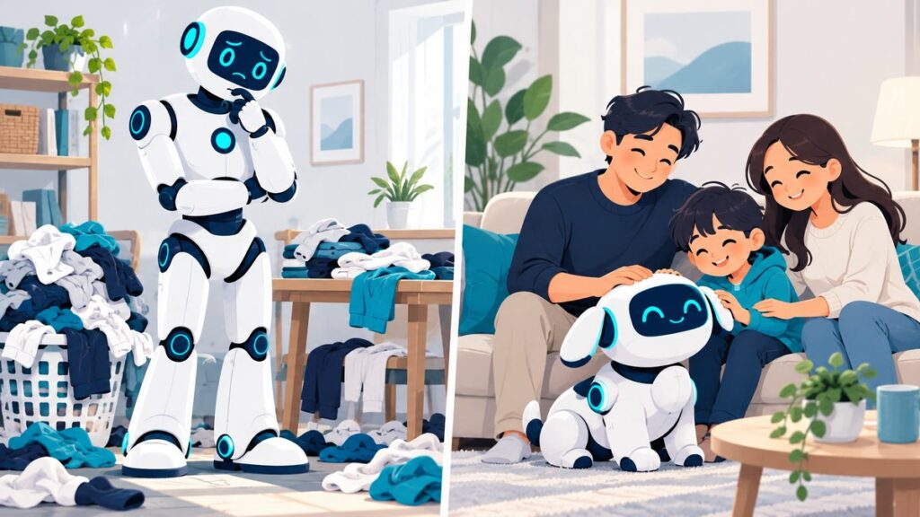 洗濯物の前で悩む大きな人型ロボットと、家族のそばでくつろぐ小さなロボットを並べたイラスト。家事をするロボットと一緒にいるロボットのちがいを表した図