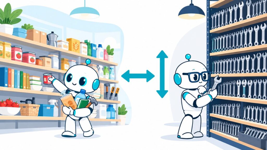 何でも少しずつそろった横に広いお店と、ひとつの種類の道具だけが縦に深く並ぶ専門店を、ロボットがそれぞれ見ているイラスト。ホリゾンタルAIとバーティカルAIのちがいを表した図