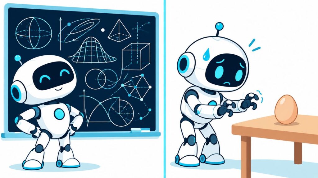 難しい数式の前では余裕なのに、卵の前では困っている小さなロボットのイラスト。モラベックのパラドックスを表した図