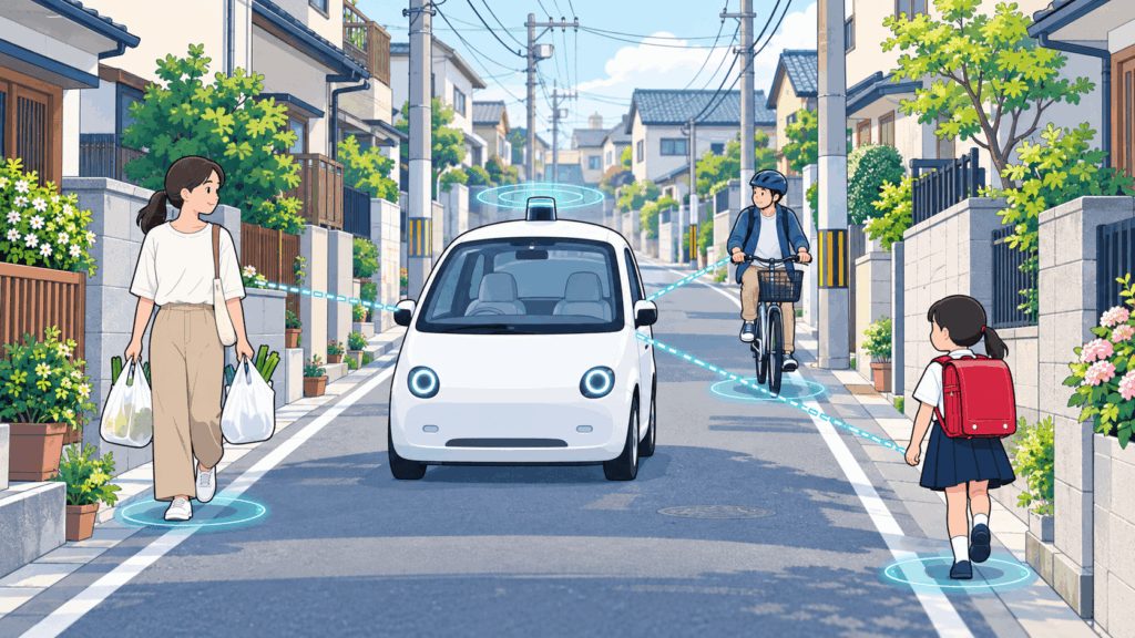電柱が並ぶ日本の細い道で、自転車や歩行者を見ながら慎重に進む自動運転車のイラスト