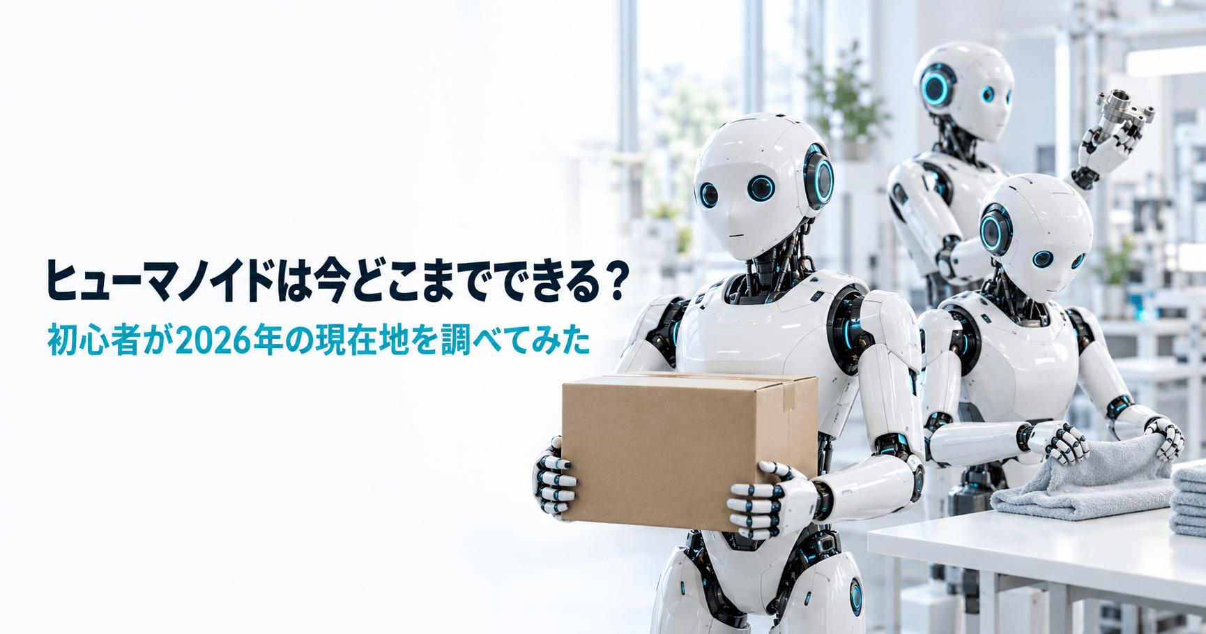 箱を運ぶ、タオルをたたむ、部品を持つ3体の白い人型ロボット。「ヒューマノイドは今どこまでできる？ 初心者が2026年の現在地を調べてみた」の文字入り