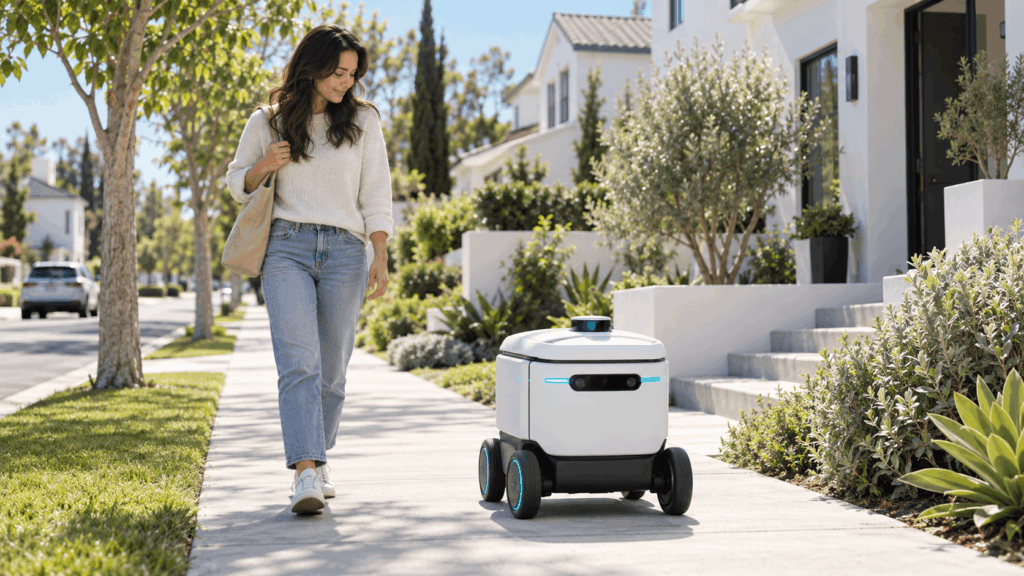 住宅街の歩道をゆっくり走る小さな白い配送ロボットと、それを見る歩行者
