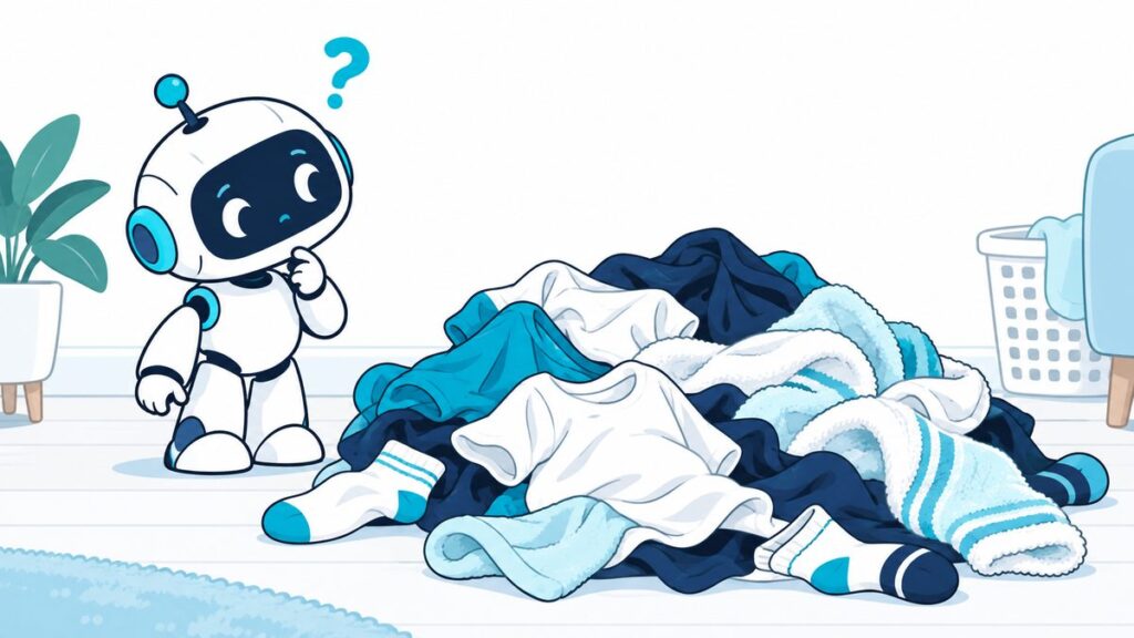絡まった洗濯物の山の前で、首をかしげて困っている小さなロボットのイラスト。形が決まっていない洗濯物はロボットにとって難しいことを表した図