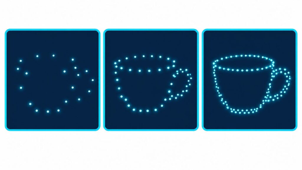 光の点が少ない画面から、点が増えるにつれてコップの形が分かるようになる3枚のパネルのイラスト。光の点で見え方が変わるしくみを表した図