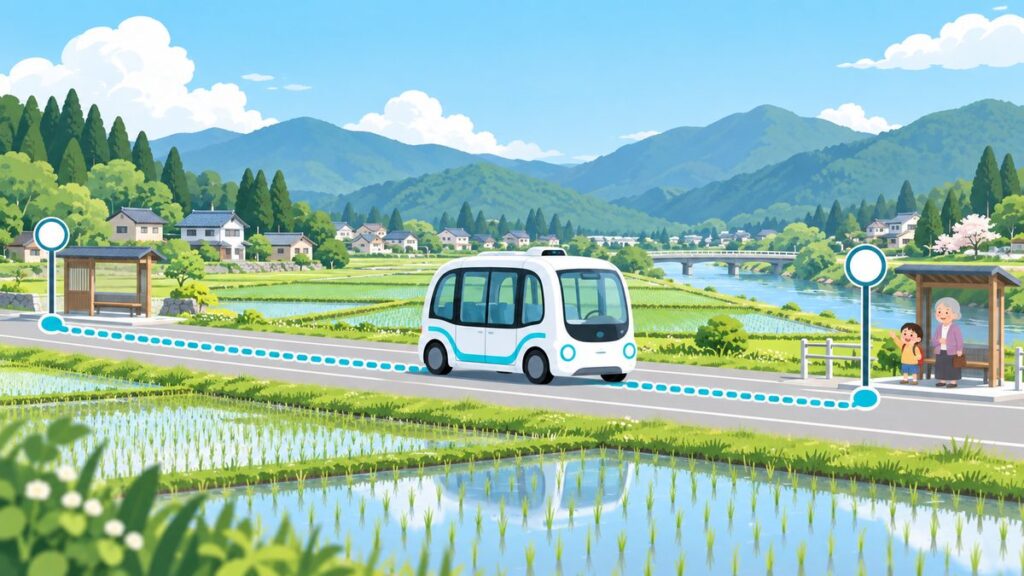 のどかな町の短い決まったルートを、運転手のいない小さなバスが走り、バス停でおばあさんと子どもが待っているイラスト。地方のレベル4バスを表した図