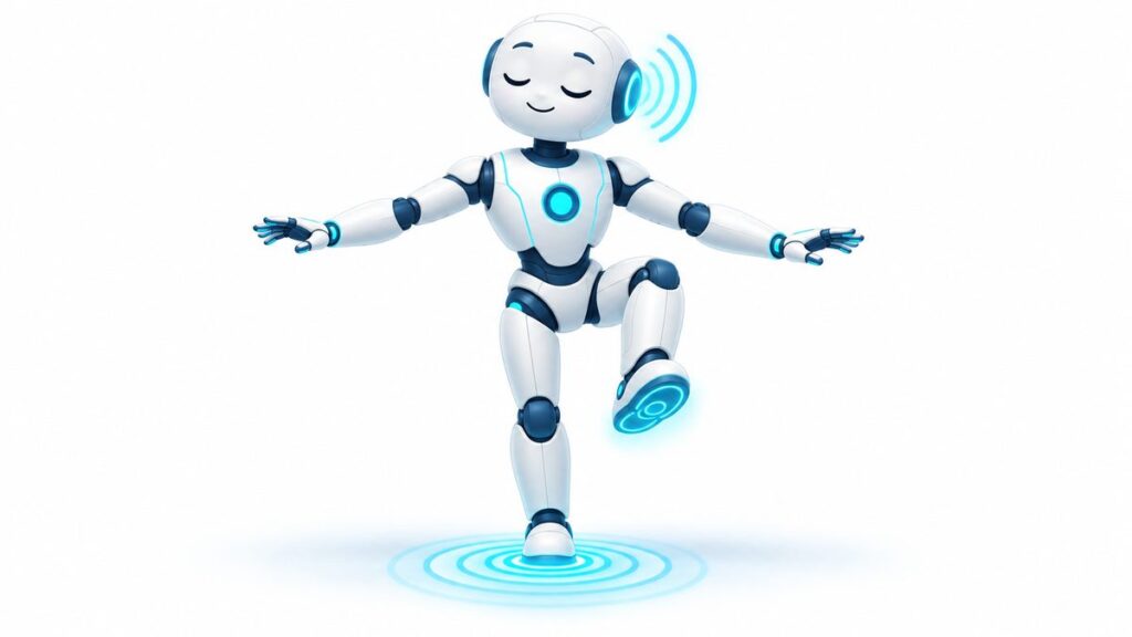 目を閉じたまま片足でバランスをとるロボットのイラスト。体の感覚で姿勢を保つことを表した図