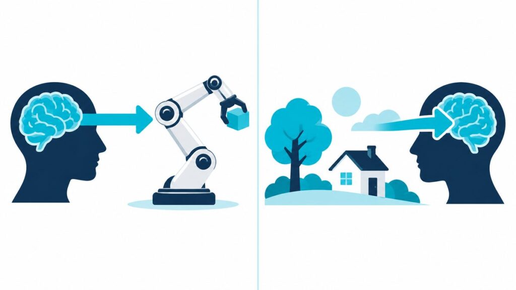 頭から外へ出る矢印の先で動くロボットアームと、外から頭へ入る矢印を並べたイラスト。脳と外の世界をつなぐ2つの方向を表した図
