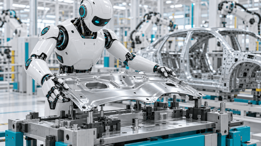 自動車工場で人型ロボットが金属部品を溶接用の台に置いている様子。工場で実際に働き始めたヒューマノイドのイメージ