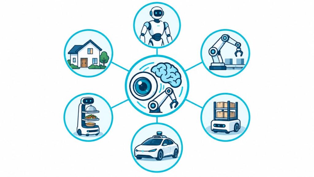 見る・考える・動くを表す中央のアイコンと、ロボットや自動運転車、家などのアイコンが線でつながったイラスト。フィジカルAIの全体像を表したマップ