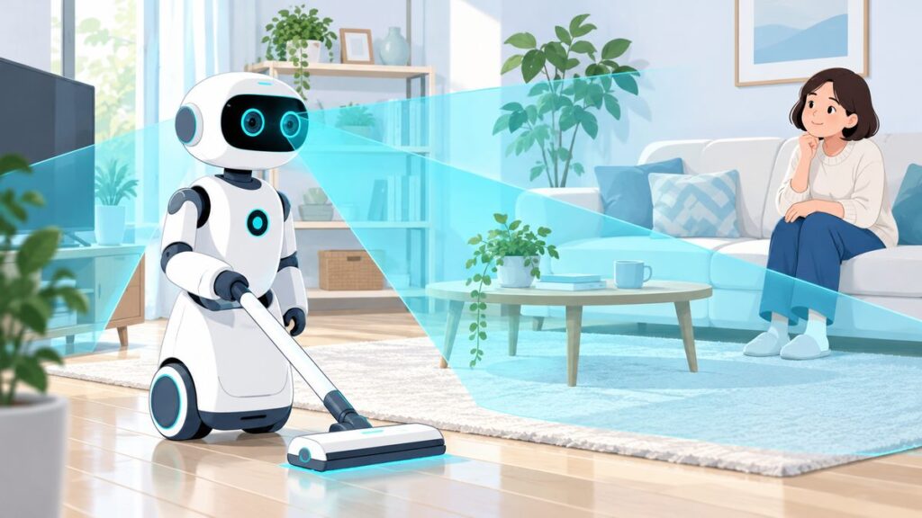 カメラで部屋を見ながら掃除するロボットと、それを見て考えこむ住人のイラスト。家庭用ロボットとプライバシーの課題を表した図