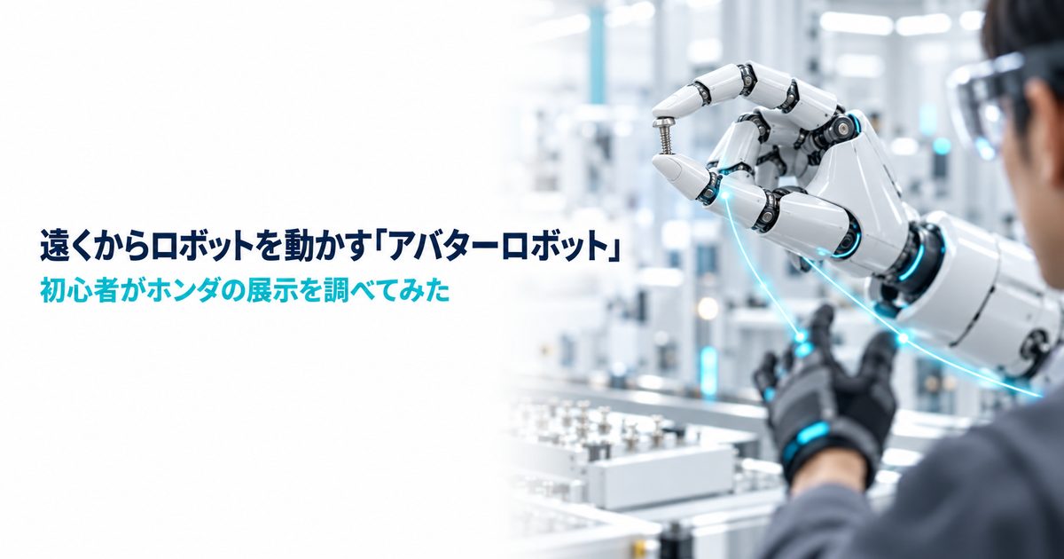 手袋をつけた人の手と、ねじをつまむ白いロボットの手が光の線でつながっている様子。「遠くからロボットを動かす「アバターロボット」 初心者がホンダの展示を調べてみた」の文字入り