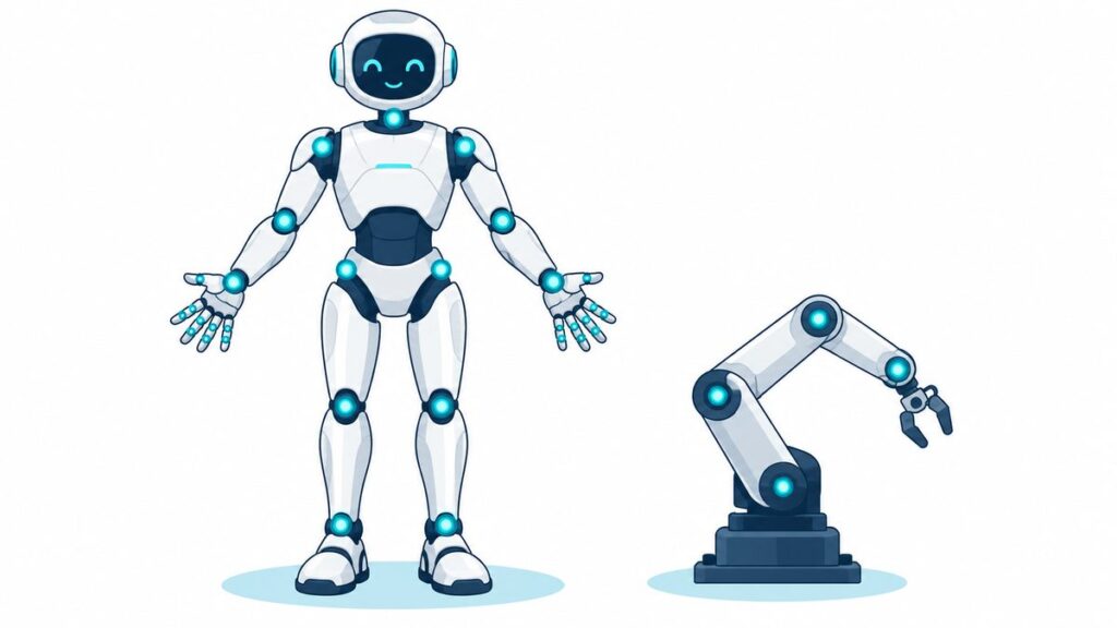全身の関節がシアンの丸で光る人型ロボットと、関節の少ない工場のロボットアームを並べたイラスト