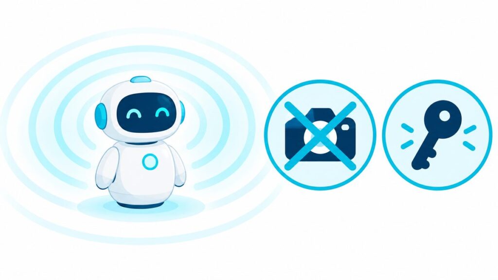 小さなロボットから電波の輪が広がり、横にバツ印のカメラと鍵のアイコンがあるイラスト。カメラを使わずに人を感じとるしくみを表した図