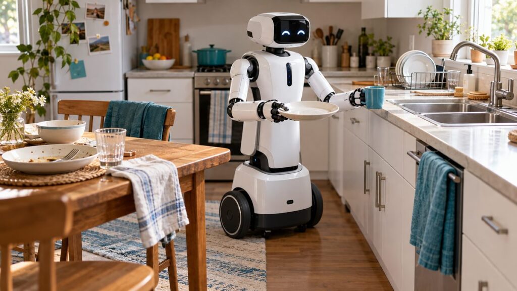 家庭のキッチンで、移動式ロボットがテーブルのお皿をシンクに片付けている様子